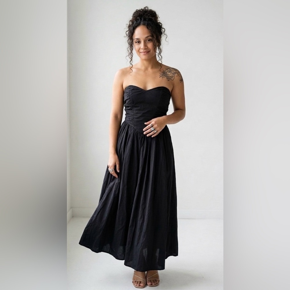 Free People dress, boho maxi, black formal dress, ruched bodice, flowy gown XS